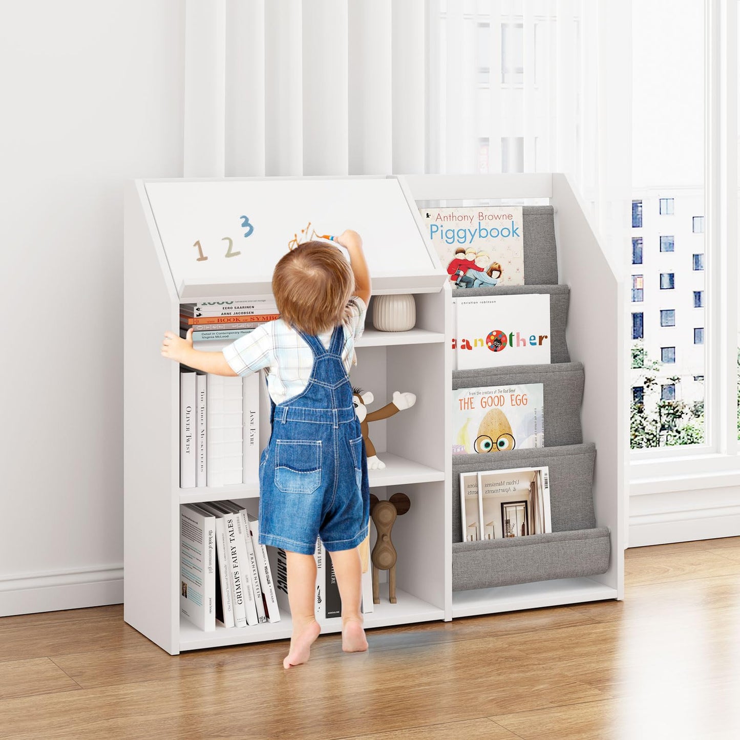White Kids Bookshelf Wood Toy Storage Organizer Cabinet Children Bookcase Toddler Baby Sling Book Rack 3 Cube Bins Fabric Drawers for Playroom Bedroom Nursery School