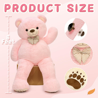 6ft Giant Teddy Bear Stuffed Animal, 72" Life Size Pink Teddy Bear Plush Toy, Cuddly Stuffed Bear Gift for Girlfriend, Wife, Kids at Birthday Valentine's Day, Christmas, Baby Shower Decor