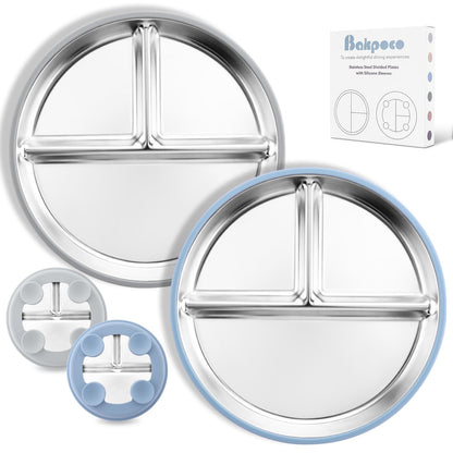 Stainless Steel Baby Plate with Suction, 9” Divided Toddler Plates with Removable Silicone Sleeves for Kids, Non-Toxic Non-Slip Unbreakable Dishwasher Safe Dinnerware Set of 2, Pink & Beige
