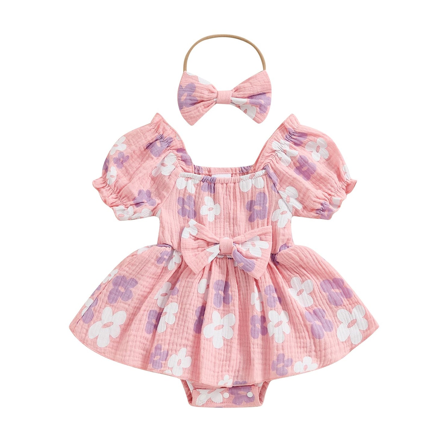 Baby Girls Daisy Romper Bowknot Bodysuit+Headband Short Sleeve Playsuits Floral Jumpsuit Infant Summer Clothes