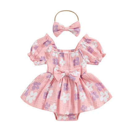 Baby Girls Daisy Romper Bowknot Bodysuit+Headband Short Sleeve Playsuits Floral Jumpsuit Infant Summer Clothes