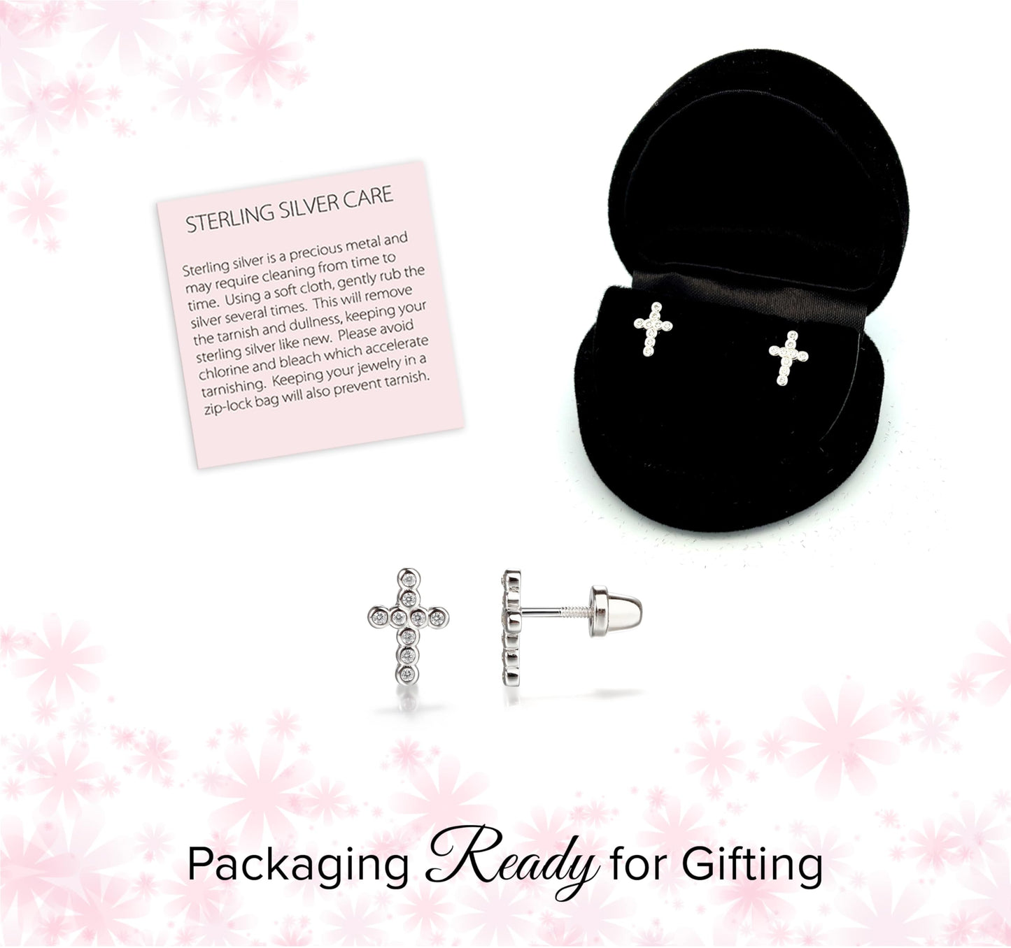 Cherished Moments Children's Sterling Silver or Gold-Plated Cross Earrings with CZs and Safety Screw Backs for Baptism, Christening and First Communion Gifts for Girls