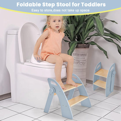 Wooden Step Stool, Two Step Stools, 300 lb. Load Capacity, with Safety Non-Slip Pads and Handles, Bamboo Step Stool for Bathroom and Kitchen, Children's Double Height Step Stools(Pink)