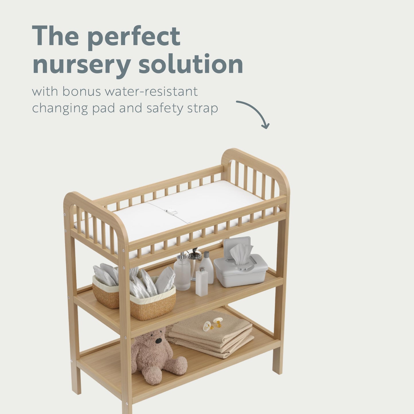 Storkcraft Pasadena Changing Table with Water-Resistant Changing Pad (Driftwood) - GREENGUARD Gold Certified, Includes Bonus Water-Resistant Changing Pad with Safety Strap, 2 Open Shelves