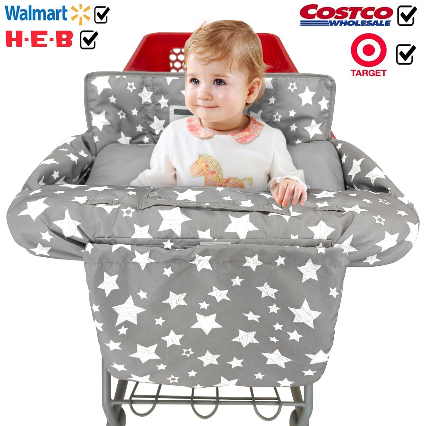 Soft Pillow Attached 2-in-1 Shopping Cart and High Chair Cover for Baby, Cotton Padded Cart Cover, Fold'n Roll Style, Portable with Carry Bag (Blue Elephant)
