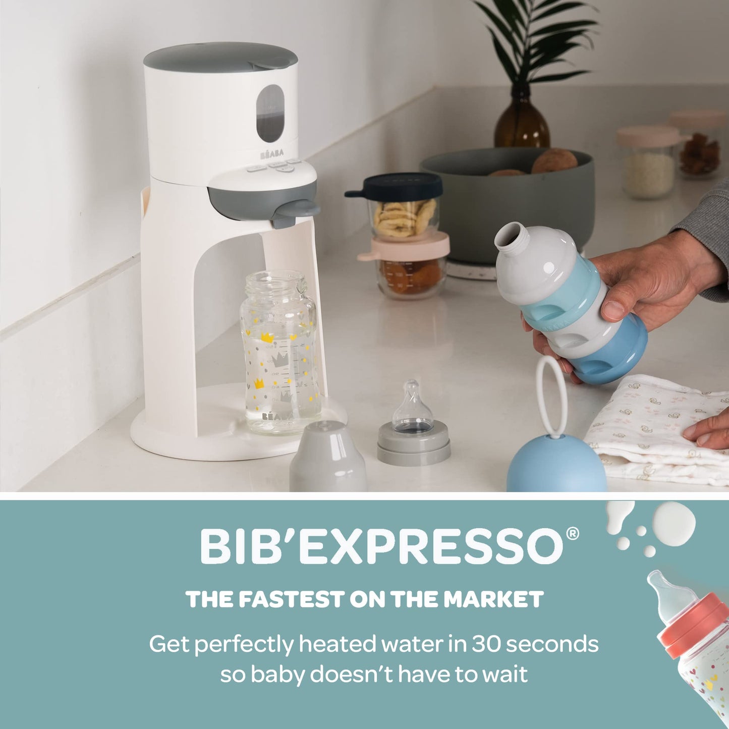 BEABA Bib'Expresso Fast Water Warmer, Formula Maker Preps Bottle in 30 Secs, Quickly Dispenses Warm Water for Baby Bottle, Also a Baby Food Warmer, Midnight
