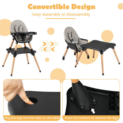 BABY JOY 6 in 1 High Chair, Convertible High Chairs for Babies and Toddlers/Booster Seat/Table and Chair Set, Infant Wooden Highchair w/ 5-Point Harness, 4-Position Removable Tray & PU Cushion, Coffee