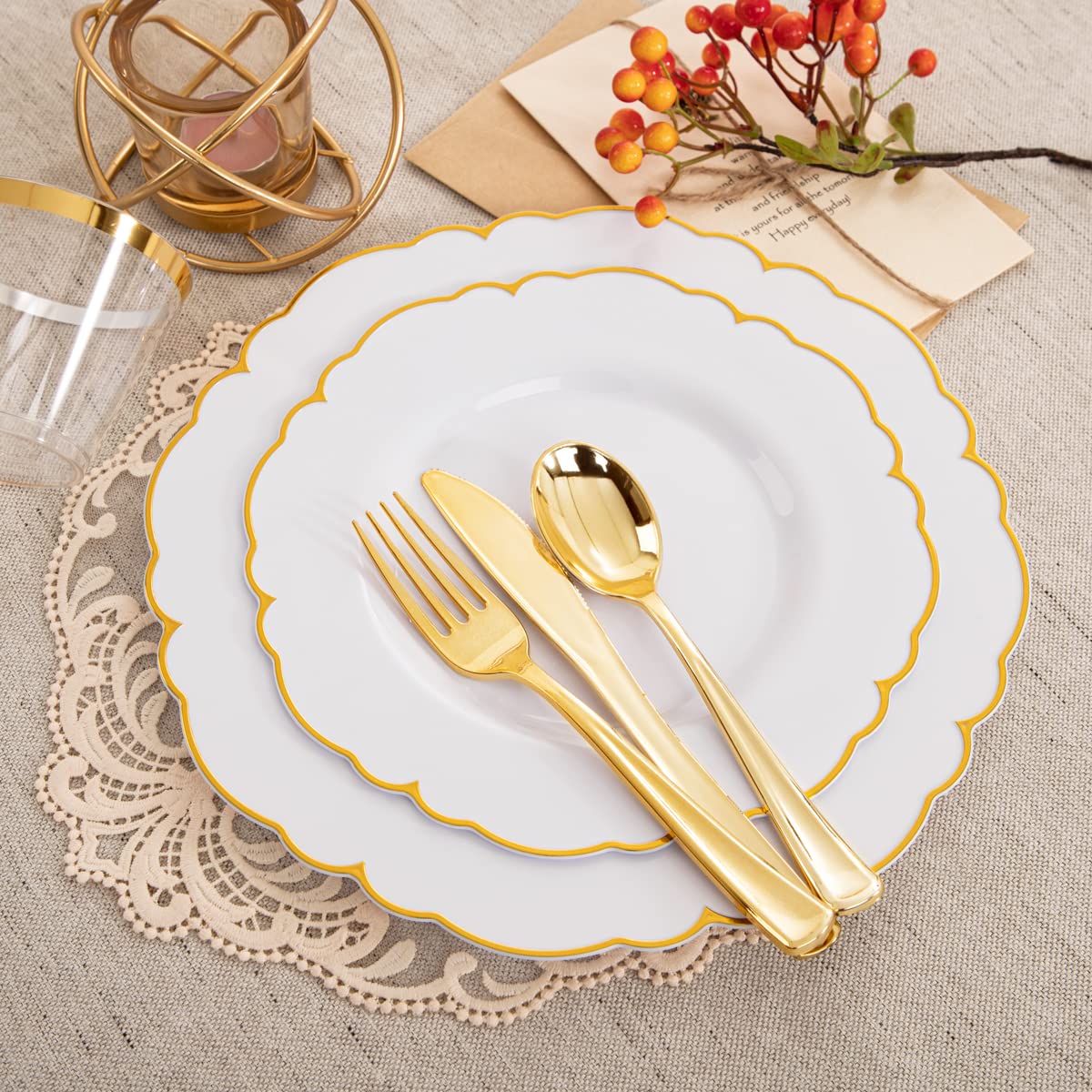 Morejoy 175PCS Rose Gold & Silver Plastic Dinnerware Set: 25 Plates, 25 Forks, 25 Knives, 25 Spoons, 25 Cups, 25 Napkins - Perfect for Wedding & Party