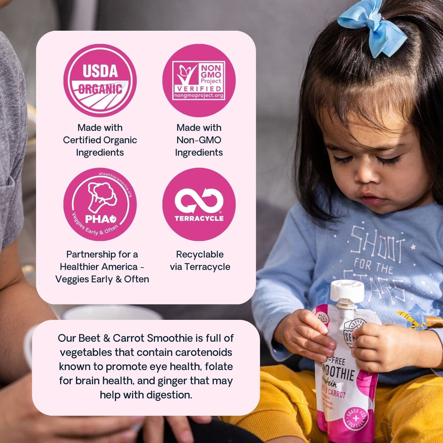 Serenity Kids 6+ Months Dairy-Free Smoothie Baby Food | USDA Organic | Grass Fed Collagen Protein | 3.5 Ounce BPA-Free Pouch | Berry Butternut | 12 Count