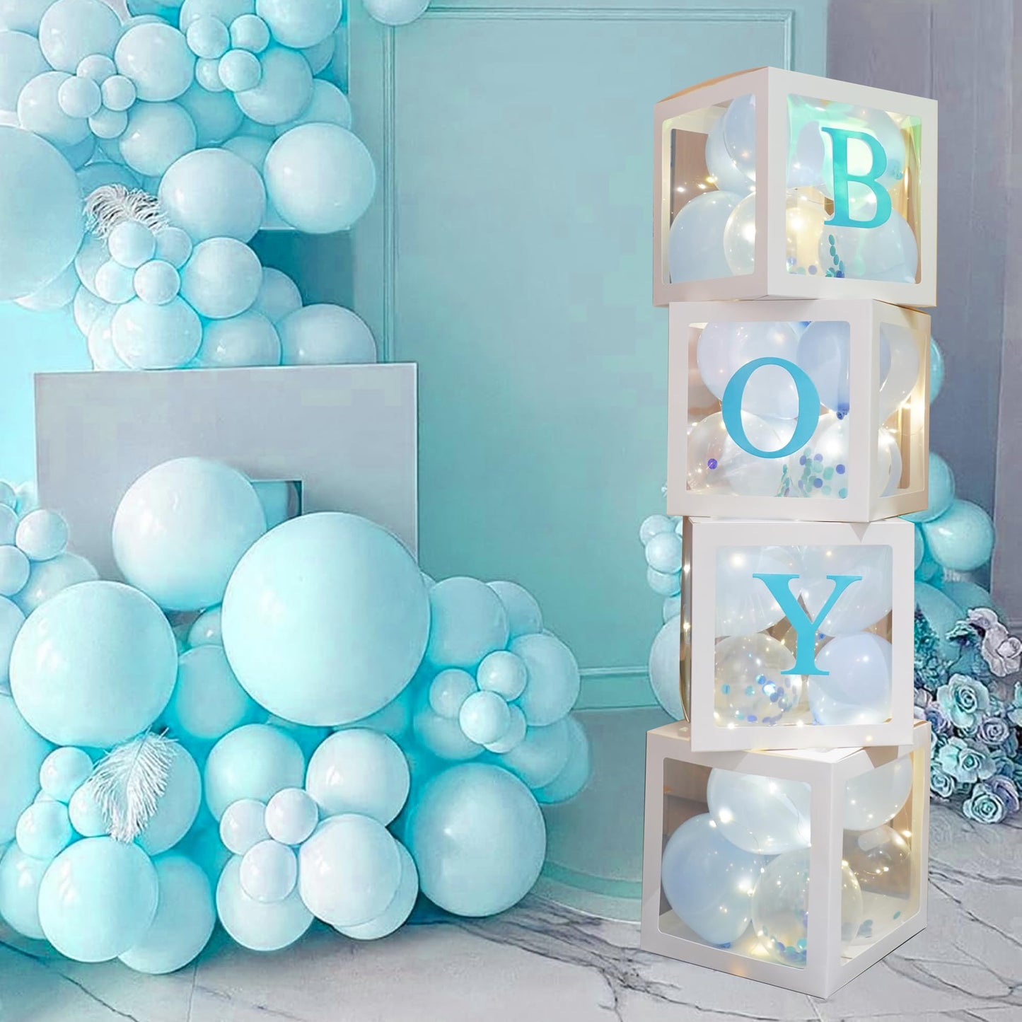 Uptotop Baby Shower Balloon Box Decorations, 4 Pcs Baby Blocks Transparent Balloon Boxes with Letters, Fairy String Lights and 36 Pcs Latex Balloons for Decor, Pink