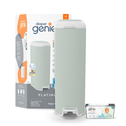 Diaper Genie Platinum Pail Gift Set, Lily White, Made of Durable Stainless Steel and Includes 2 Easy Roll Refills with 18 Bags and 30 Bags