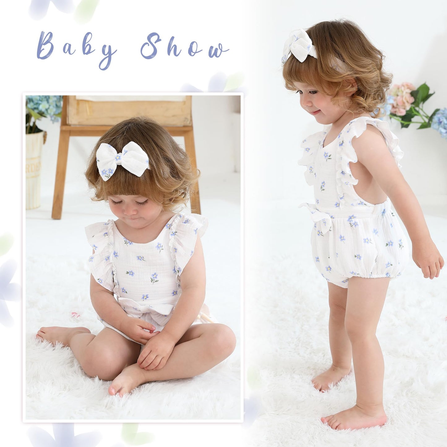YOUNGER TREE Newborn Baby Girl Clothes Ruffle Sleeve Rompers Infant Backless Floral Jumpsuit Summer Outfits with Headband