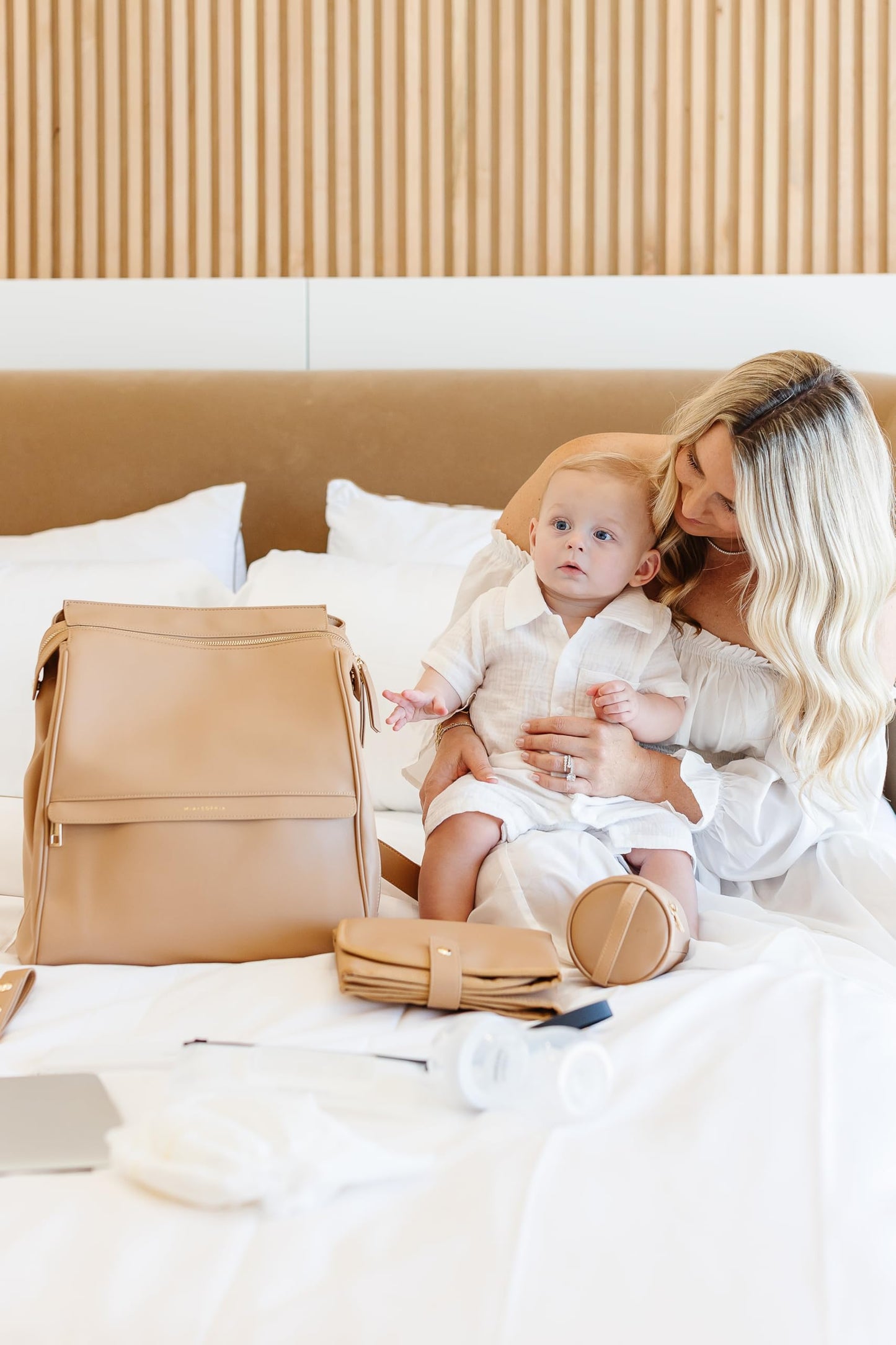 Leather Diaper Bag Backpack with USB Charging port, Changing Pad, Stroller Straps, and Bottle Holder (Brown Olivia)