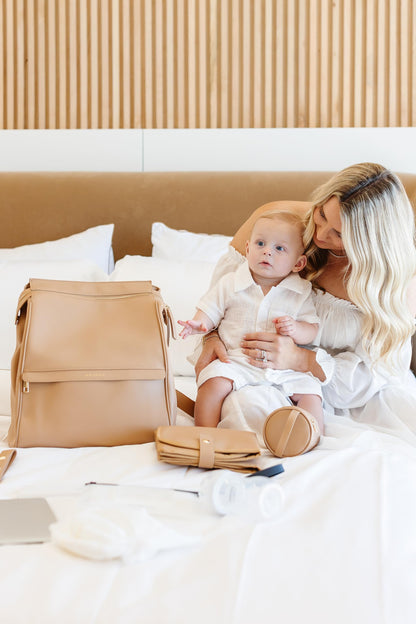 Leather Diaper Bag Backpack with USB Charging port, Changing Pad, Stroller Straps, and Bottle Holder (Brown Olivia)