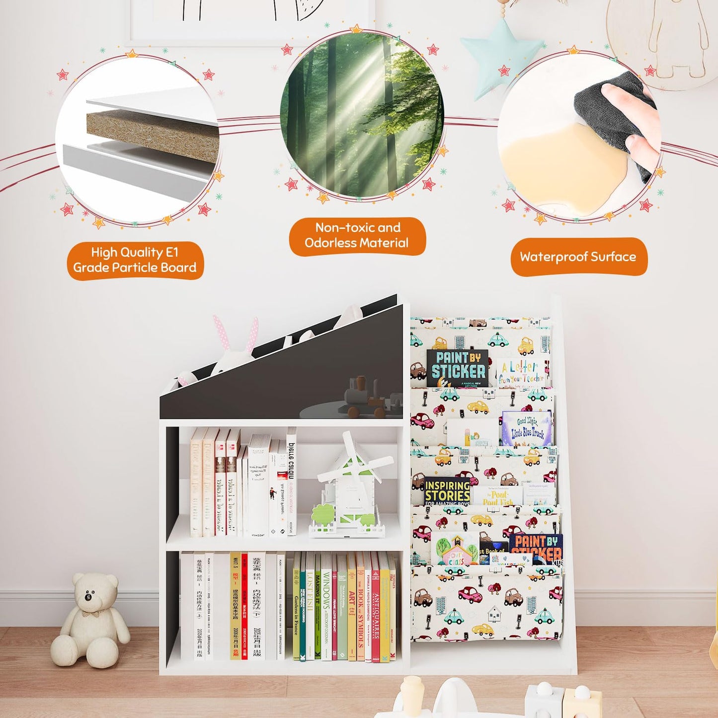 White Kids Bookshelf Wood Toy Storage Organizer Cabinet Children Bookcase Toddler Baby Sling Book Rack 3 Cube Bins Fabric Drawers for Playroom Bedroom Nursery School