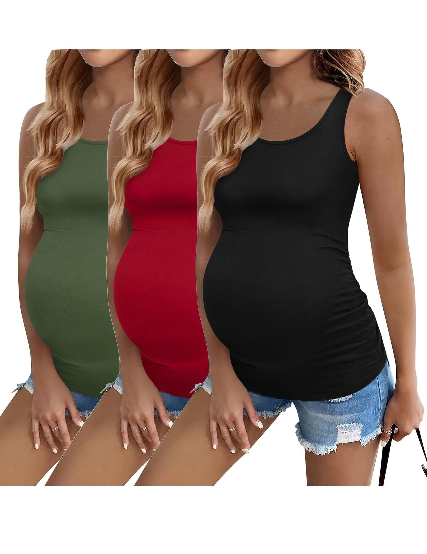 Ekouaer 3 Pack Women Maternity Tank Tops Ruch Side Basic Shirts Summer Postpartum Tops Sleeveless Pregnancy Workout Clothes