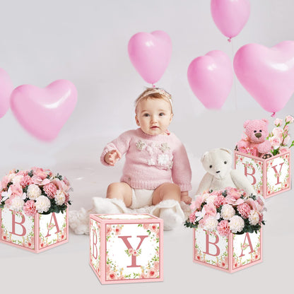 TSVATE Pink Baby Shower Boxes Decorations - 4 Baby Shower Centerpiece Boxes Gender Reveal First Birthday Centerpiece Decors (Without Flowers)