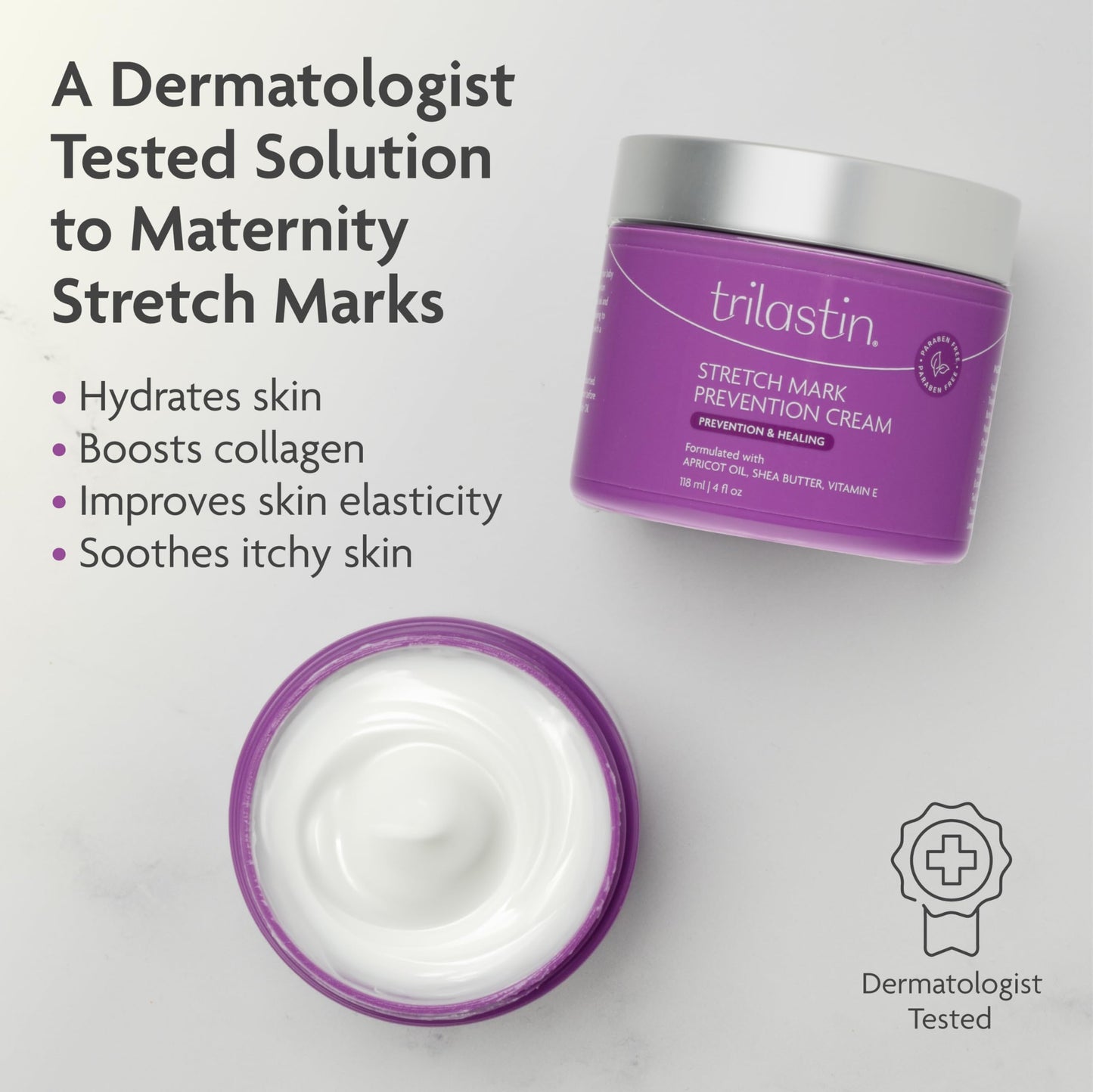 TriLASTIN Maternity Stretch Mark Prevention Cream - Paraben-Free, Hypoallergenic, and Safe for Pregnancy - Stretch Mark Formula for Pregnant Women - 4 Oz Belly Cream for Pregnant Women
