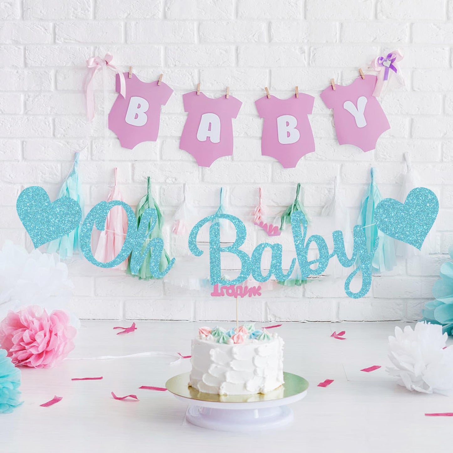 Pre-Strung Baby Shower Banner Oh Baby Sign Rose Gold Glittery Letters | Teddy Bear Gender Reveal Decorations | Baby Sprinkle Decorations for Girl Boy | Baby Gender Reveal Party Decoration Supplies