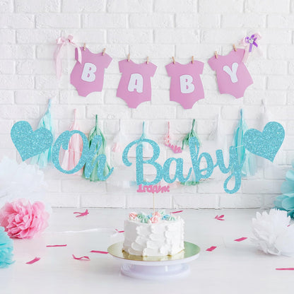 Pre-Strung Baby Shower Banner Oh Baby Sign Rose Gold Glittery Letters | Teddy Bear Gender Reveal Decorations | Baby Sprinkle Decorations for Girl Boy | Baby Gender Reveal Party Decoration Supplies