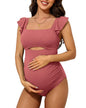 Charmo Ruffle Maternity Bathing Suits for Women Ribbed Tie Knot Maternity Swimsuit Cutout Ruched Pregnancy Swimwear