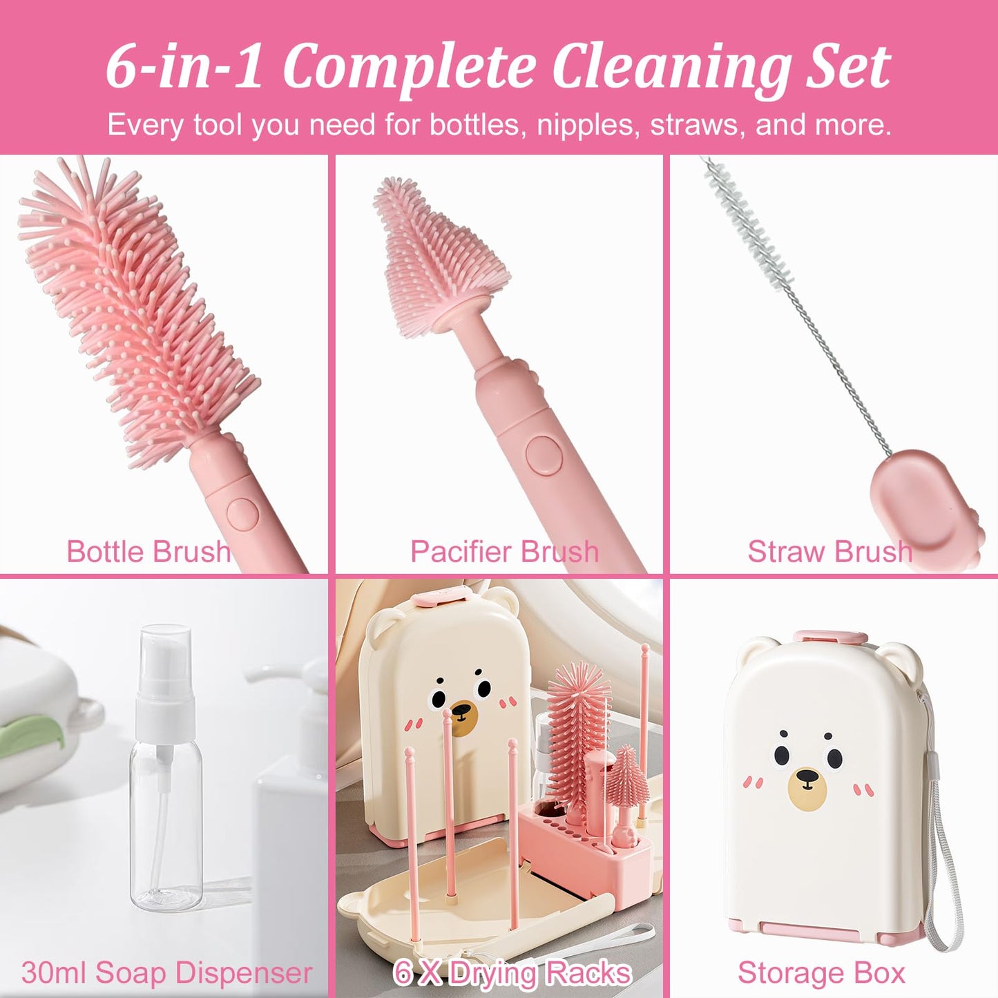 Travel Baby Bottle Cleaner Kit with Storage Case – 6-in-1 Compact Bottle Brush Set for Infant Feeding, Breast Pump Parts & On-The-Go Washing – Baby Travel Essentials for Flying (Green)