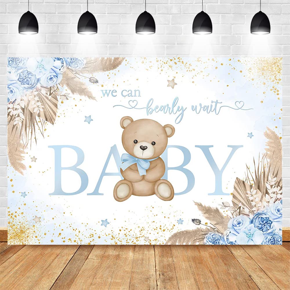 Mocsicka Girl Bear Backdrop Pink Boho Pampas Grass Background We Can Bearly Wait Baby Shower Party Cake Table Decoration Photo Booth Props (7x5ft)