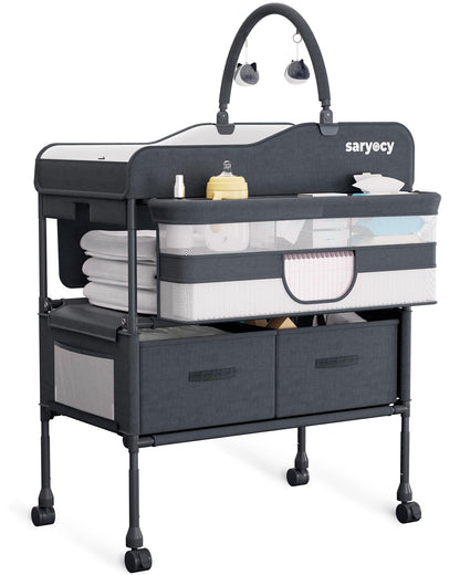 Baby Changing Table, Versatile Folding Changing Table, Waterproof Diaper Changing Station, Adjustable Height with 2 Drawers,Baby Changing Station, Mobile Nursery for Infant and Newborn