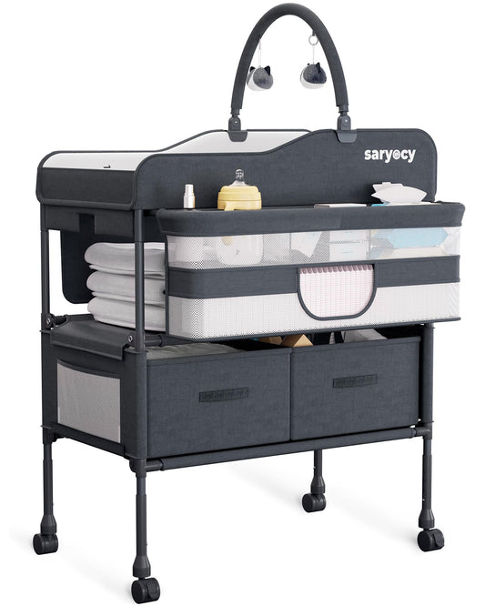Baby Changing Table, Versatile Folding Changing Table, Waterproof Diaper Changing Station, Adjustable Height with 2 Drawers,Baby Changing Station, Mobile Nursery for Infant and Newborn