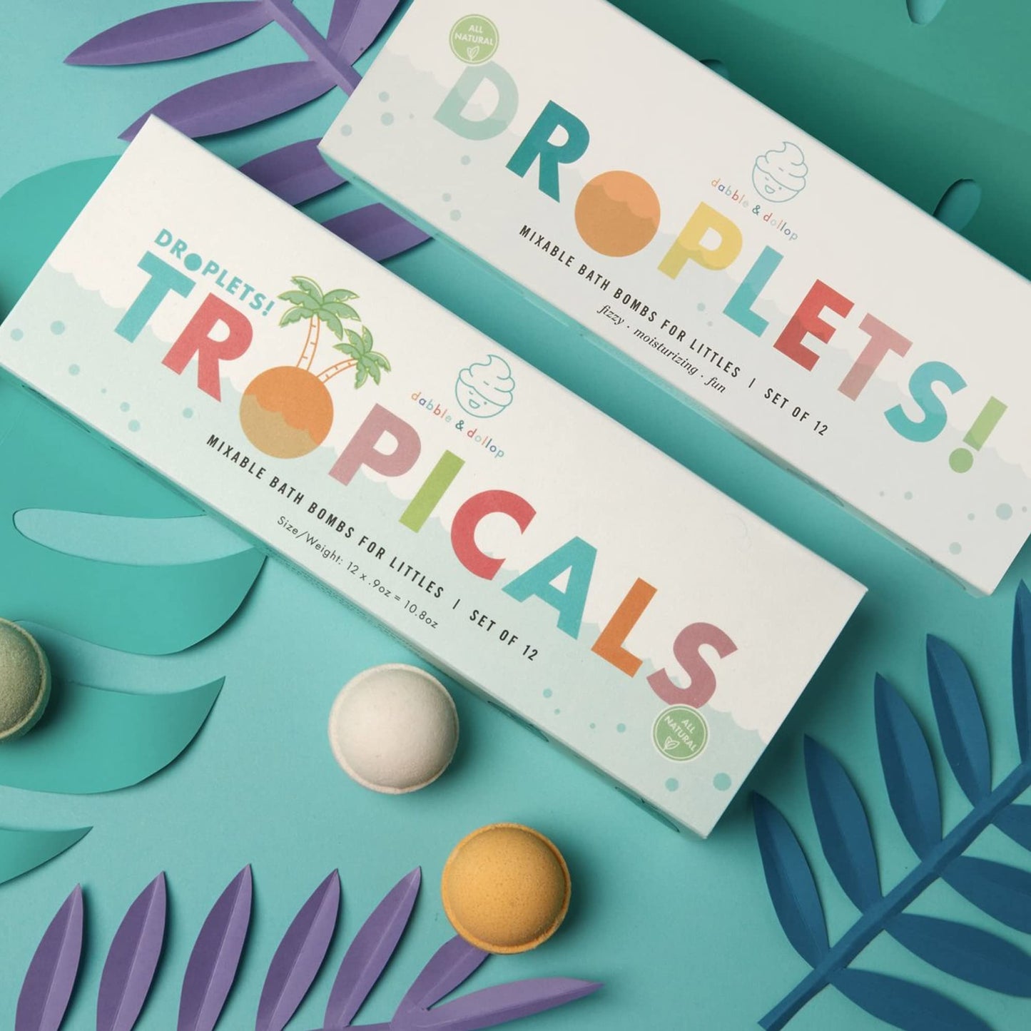 Dabble & Dollop Bath Bombs, 100% Natural Bath Bombs for Kids, Tropical Scents - USA Made, Moisturizing & Fun Droplets, Paraben & Sulfate Free, Vegan, Gluten-Free (Set of 12)