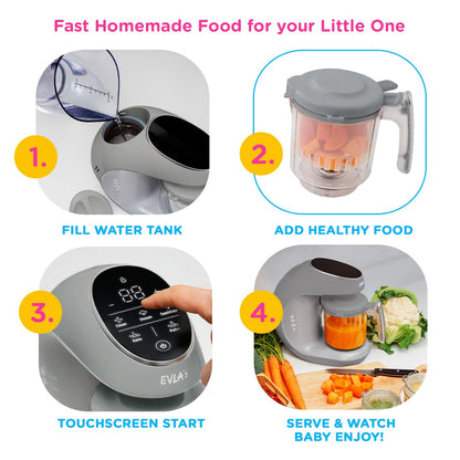 EVLA'S Baby Food Maker, Steamer, Blender, Baby Food Processor for Healthy Homemade Baby Food in Minutes, Touch Screen with 6 Reusable Food Pouches, Baby Registry Essential, White