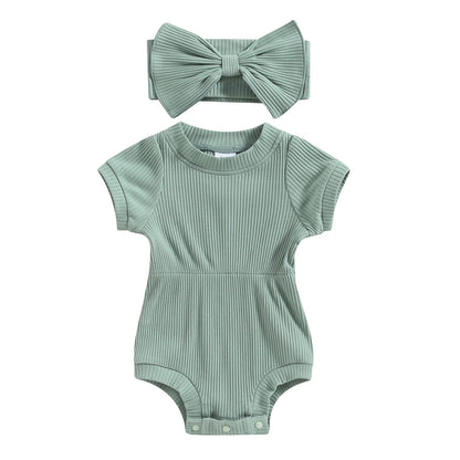 Baby Girl Summer Clothes Ribbed Short Sleeve Romper Solid Color Bodysuits Bow Headband Outfit Newborn Girl Jumpsuit