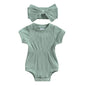 Baby Girl Summer Clothes Ribbed Short Sleeve Romper Solid Color Bodysuits Bow Headband Outfit Newborn Girl Jumpsuit