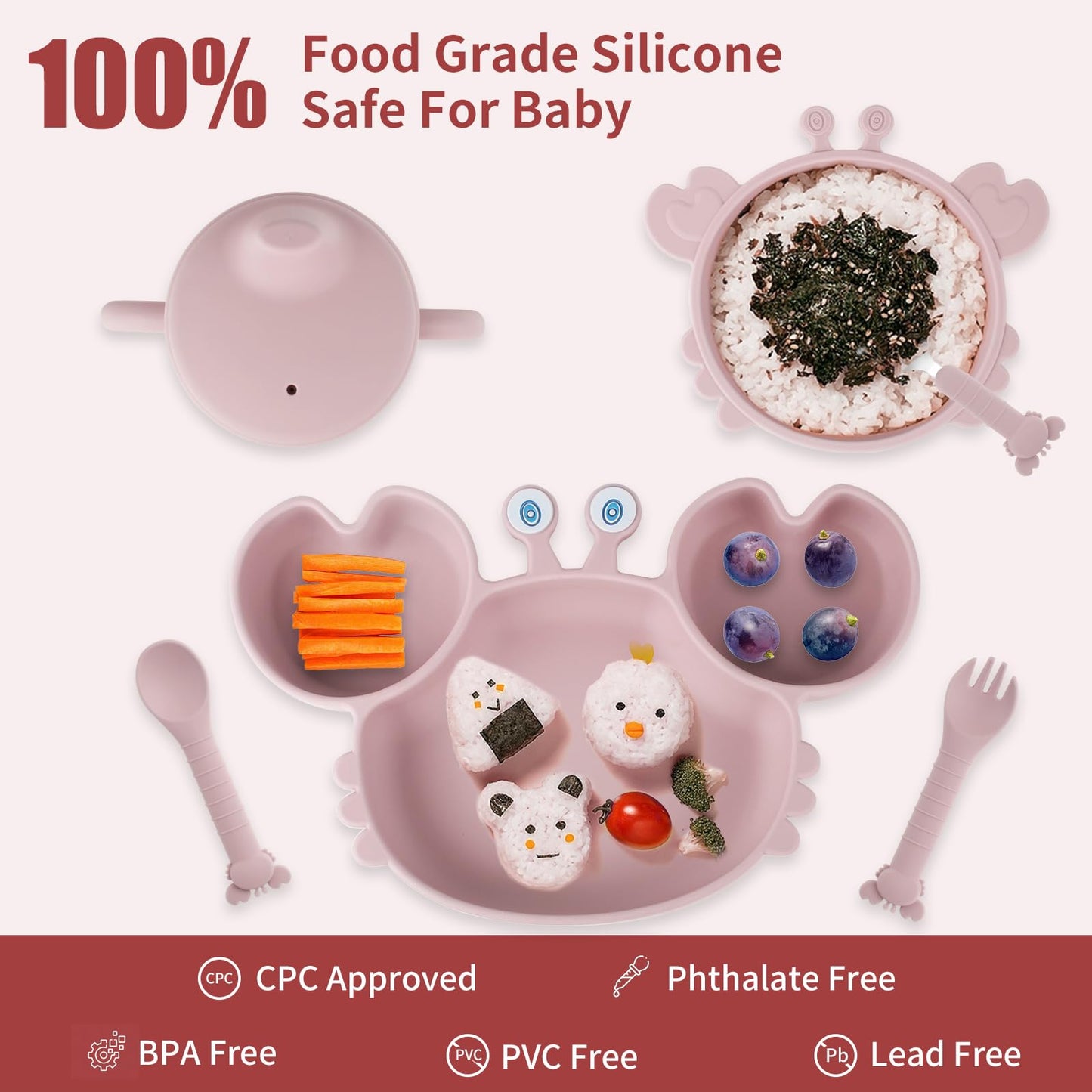 Silicone Baby Feeding Set with BPA-Free Suction Plates, Bowl, Silicone Bibs, Sippy Cup, 2 Set Forks and Spoons for Babies 8PCS Baby Led Weaning Supplies Self Feeding Utensils for Toddlers Kids (Pink)