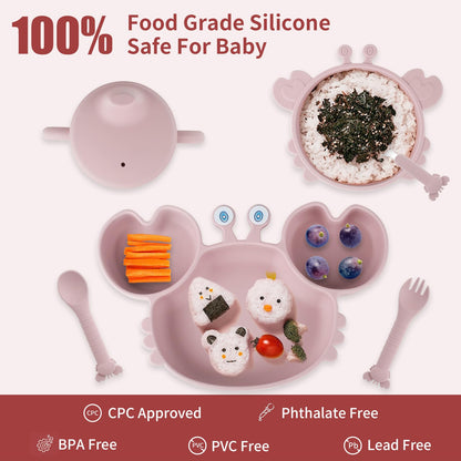 Silicone Baby Feeding Set with BPA-Free Suction Plates, Bowl, Silicone Bibs, Sippy Cup, 2 Set Forks and Spoons for Babies 8PCS Baby Led Weaning Supplies Self Feeding Utensils for Toddlers Kids (Pink)