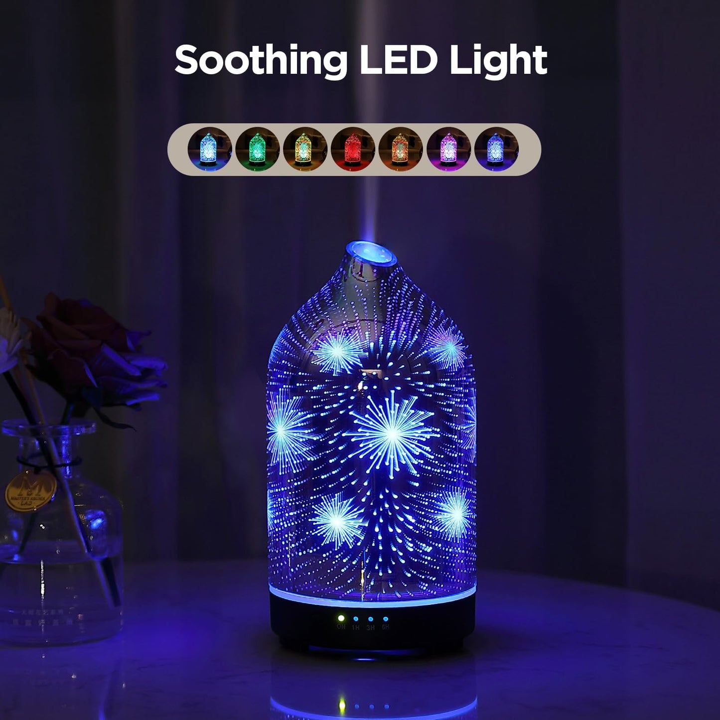 Essential Oil Diffuser Hand Blown Glass Aromatherapy Diffuser - Ultrasonic Cool Mist Scent Aroma Diffuser, Whisper Quiet with Auto Shut-Off, Timer Setting &7 Colors Night Light for Home