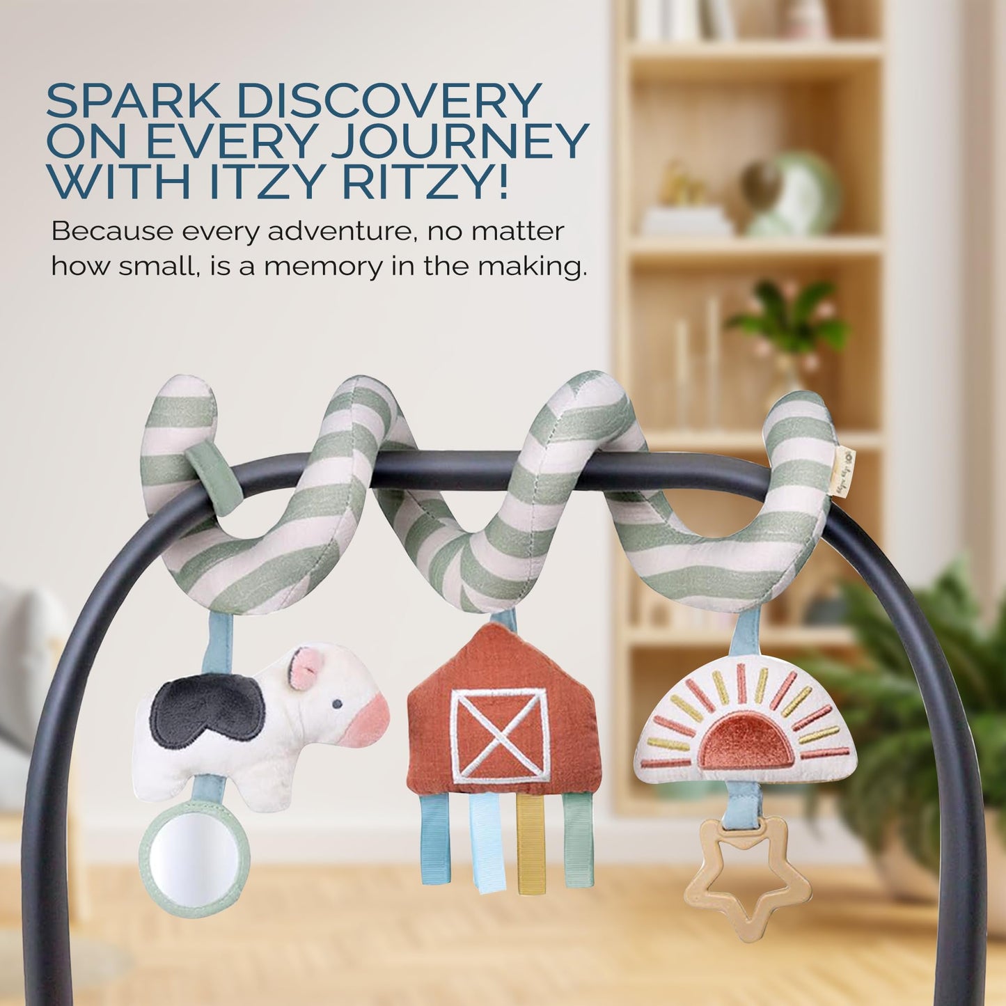 Itzy Ritzy Spiral Car Seat & Stroller Activity Toy - Stroller & Car Seat Toys for Ages 0 Months and Up - Hanging Toys Include Dangling Ring, Mirror and Textured Ribbons (Pastel Rainbow)