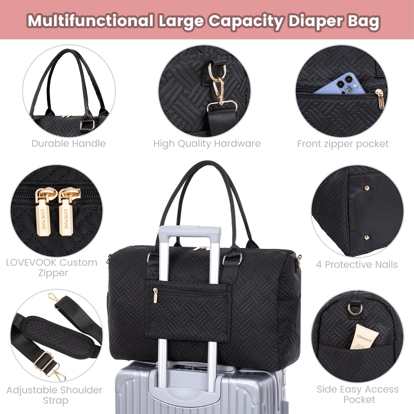 LOVEVOOK Diaper Bag Tote with Pacifier Case and Changing Pad, Large Capacity Mommy Bag for Hospital and Weekender Travel, Functional Baby Bag Newborn Baby Essential, Black