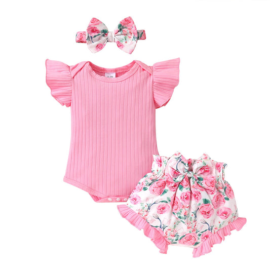 Tiny Cutey Baby Girl Clothes Infant Summer Outfits Set Ruffle Sleeve Romper and Floral Shorts with Headband