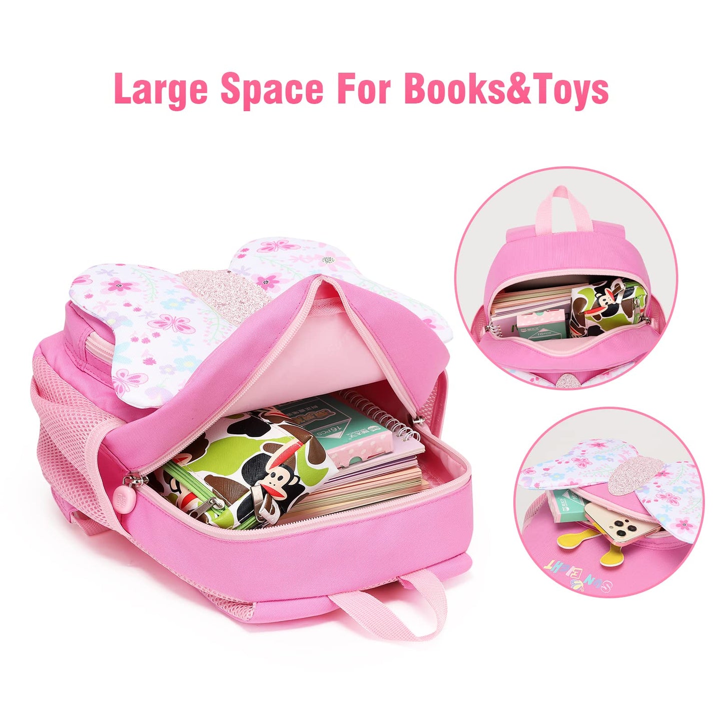 SUN EIGHT Preschool Backpack with Anti-Lost Harness Toddler Backpack School Bag 3D Cartoon Lunch Backpack for Toddler Girls 1-4 Years(Butterfly)