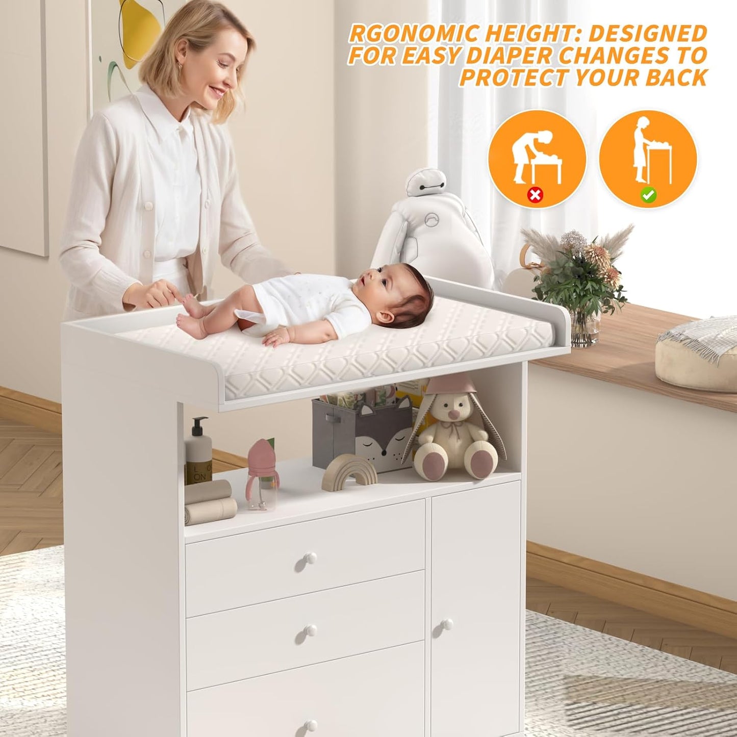 Baby Changing Table Dresser with Wide Tabletop, 3 Drawers & 1 Cabinet, 1 Storage Cubbies，Baby Dresser with Changing Table Top, Perfect for Baby Bedrooms & Nurseries