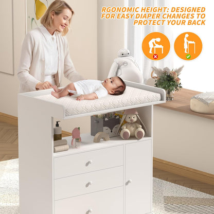 Baby Changing Table Dresser with Wide Tabletop, 3 Drawers & 1 Cabinet, 1 Storage Cubbies，Baby Dresser with Changing Table Top, Perfect for Baby Bedrooms & Nurseries