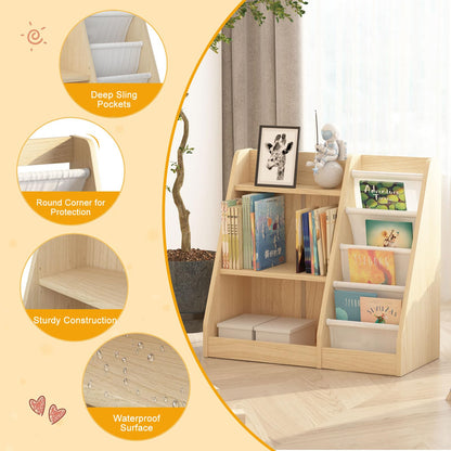White Kids Bookshelf Wood Toy Storage Organizer Cabinet Children Bookcase Toddler Baby Sling Book Rack 3 Cube Bins Fabric Drawers for Playroom Bedroom Nursery School