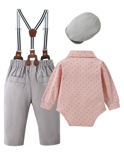 ZOEREA Baby Boy Suit 0-24M Gentleman Outfit Clothes Set Infant Long Sleeve Dress Shirt+Suspender Pants+Bowtie+Beret Hat