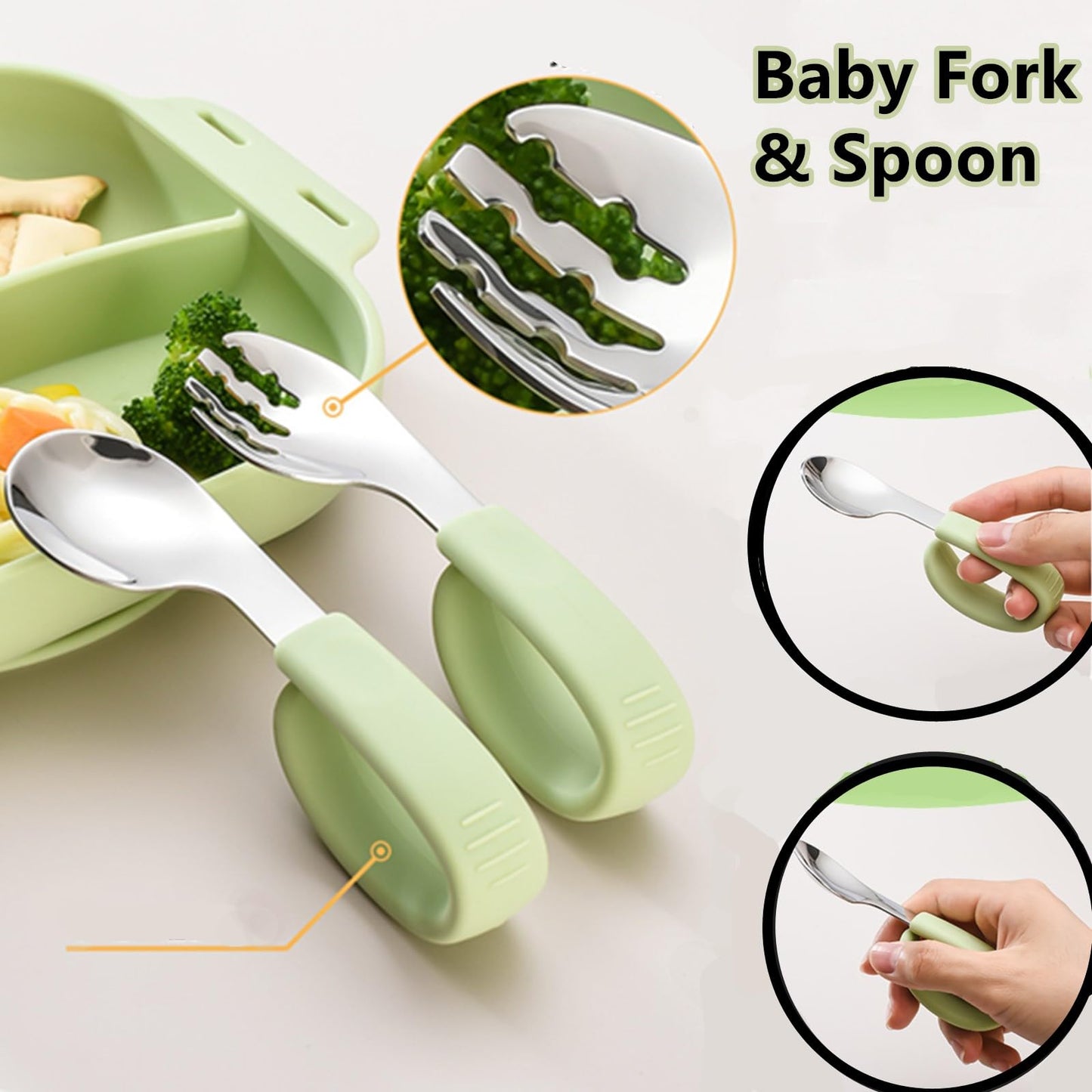 Silicone Tableware for Baby, Silicone Divided Suction Plate for Babies with Built-in Suction Cups, Baby Spoons, Babies Attachable Tethers, Divided Design for Picky Eaters, Baby Led Weaning Supplies