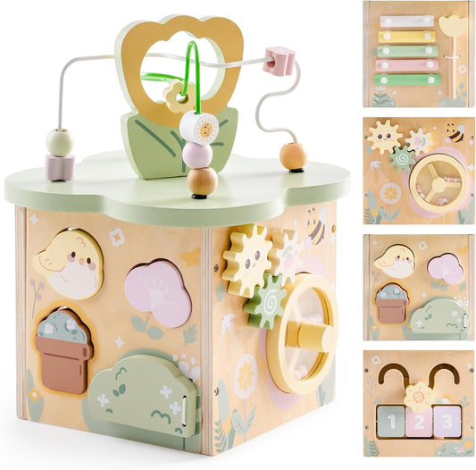 ROBUD Wooden Activity Cube, Educational Wooden Toys with 7 Functional Areas, Montessori Toys for 1+ Year Old Boys & Girls, Flower Bush Theme
