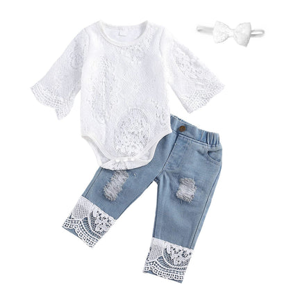 Baby Girl Clothes Set Lace Ruffle Romper Flare Denim Jean Pants and Headband 3Pcs Set Newborn Infant Outfits Set
