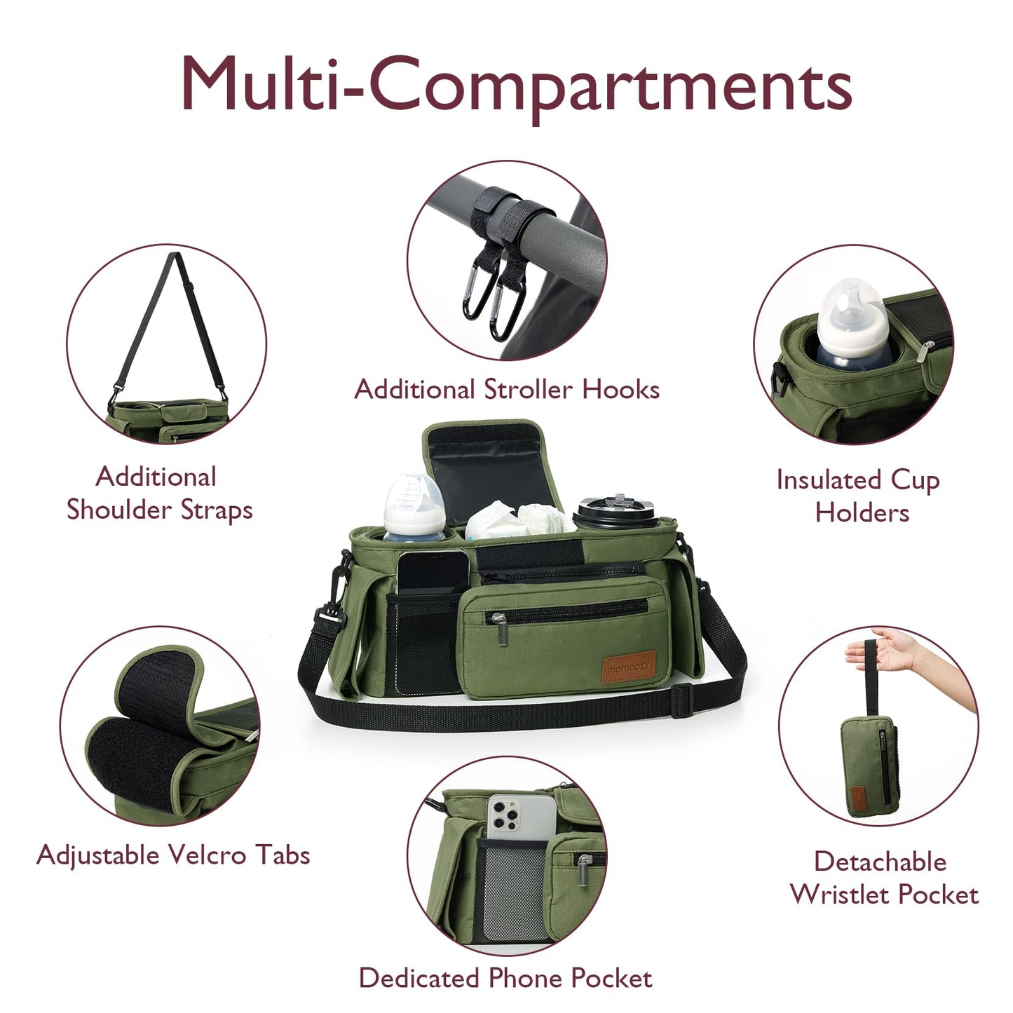 Momcozy Universal Stroller Organizer, 2 Insulated Cup Holders, Removable Zip Pocket, Adjustable Straps, Large Capacity Baby Essentials Compact Design, Fits Any Stroller (Multicolor)