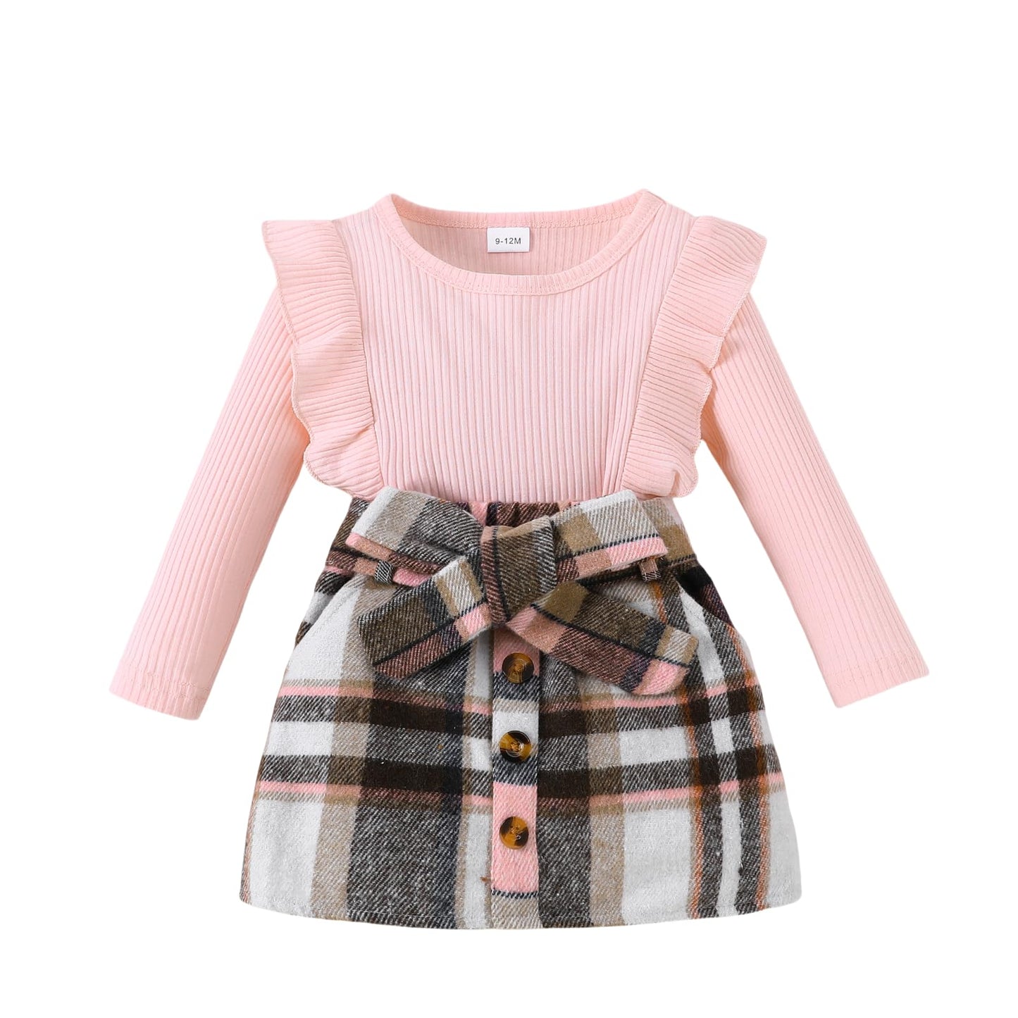 Noubeau Toddler Baby Girls Plaid Outfits Knit Ribbed Sweatshirt Shirt Tops Red Plaid Belt Skirt Fall Winter Clothes
