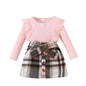 Noubeau Toddler Baby Girls Plaid Outfits Knit Ribbed Sweatshirt Shirt Tops Red Plaid Belt Skirt Fall Winter Clothes